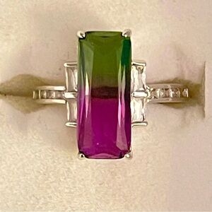 RBP6644 Only for You size 9 ring Purple Green & CZ rhodium Mardi Gras rectangle